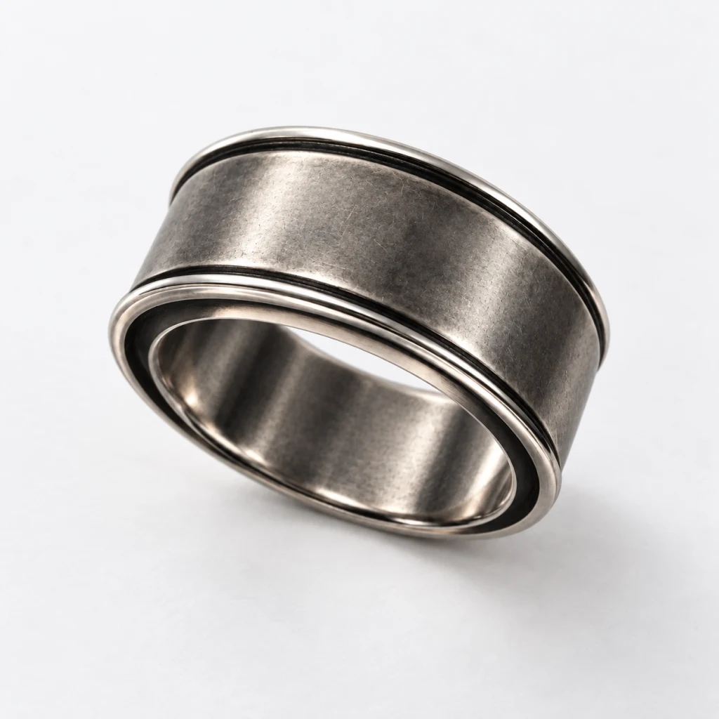 Lettering Band in antiqued silver on a white studio background